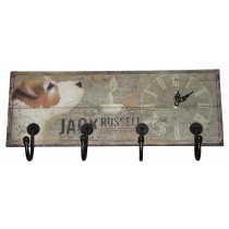 WOOD HANGER WITH CLOCK BY 4 HOOKS JACK RUSSEL