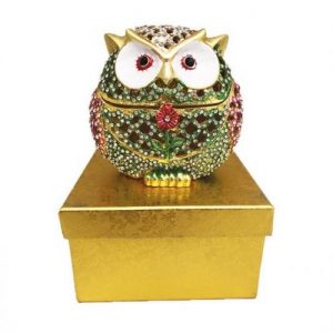 AWESOME DESIGN OWL METAL GOLD GREEN & RED JEWEL BOX