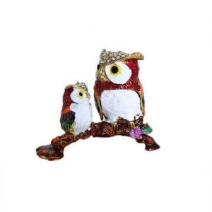 SET OF OWLS METAL GOLD BRONZE GREEN & SILVER JEWEL BOX