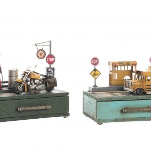 METAL & WOOD BOX WITH DRAWER WITH VINTAGE DECORATIVE ITEMS