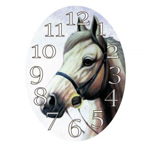 Oval wood wall clock horse design