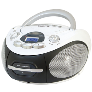 Compact and portable boom box with CD / MP3 player, cassette recorder, USB input, double power supply