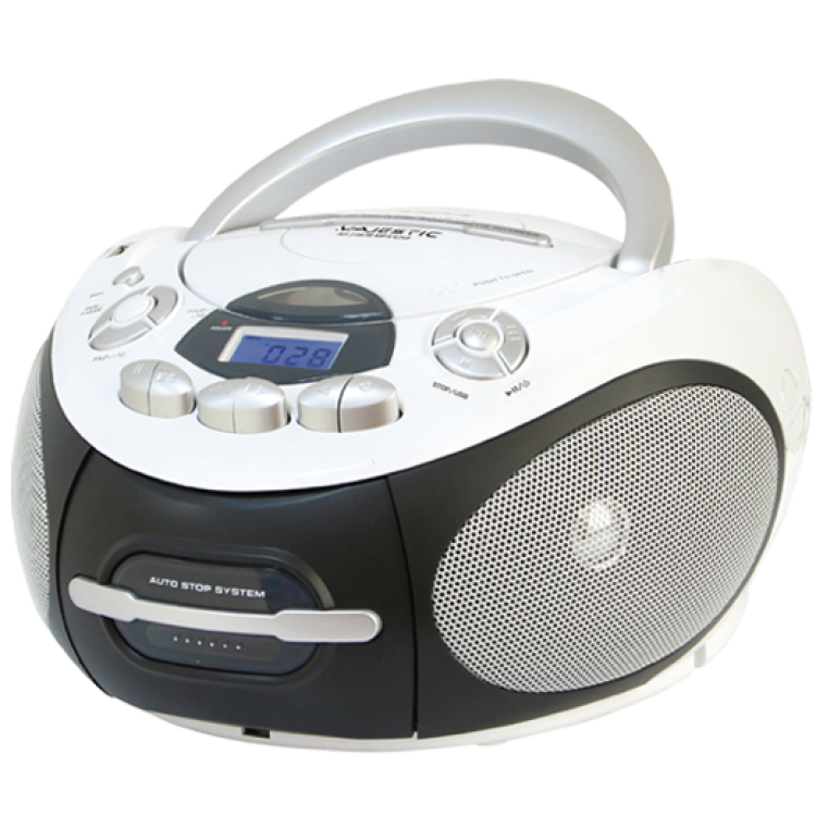 Compact and portable boom box with CD / MP3 player, cassette recorder, USB input, double power supply