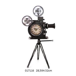 VINTAGE METAL CAMERA ON STAND WITH CLOCK