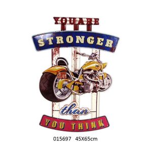 VINTAGE METAL SIGN EMBOSSED BIKE STRONGER THAN YOU THING DESIGN