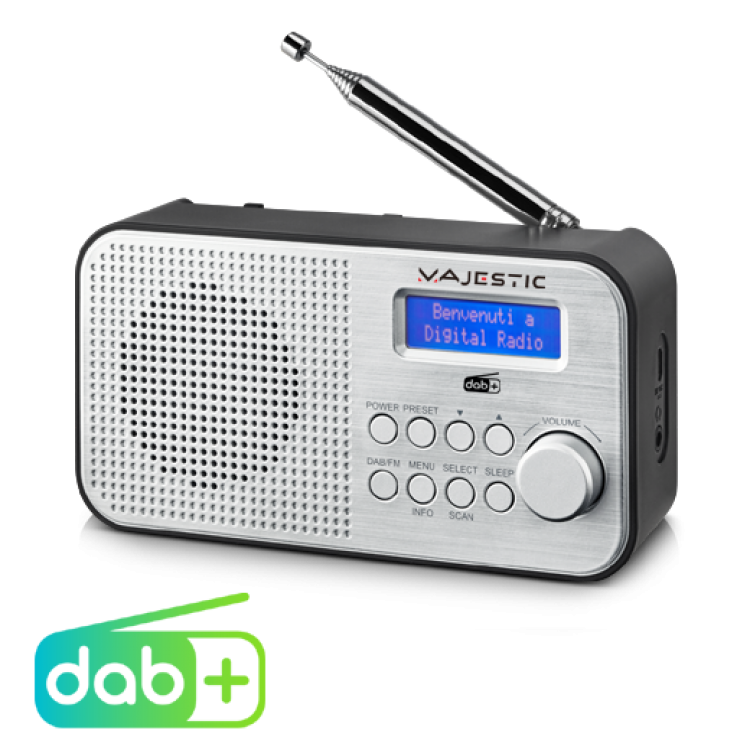 PORTABLE RADIO DAB / DAB + / FM RECHARGEABLE BATTERY HEADSET OUT ALARM TWO ALARMS THREE RINGERS