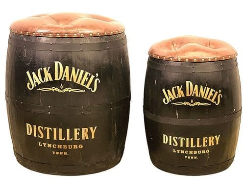Jack D Black Wooden Barrel WITH FAUX LEATHER Stools,