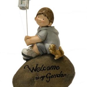 GARDEN ORNAMENTAL BOY SITTING ON STONE WITH CANDLE LANTERN