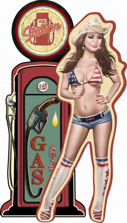 AMERICAN PIN UP GAS PUMP DESIGN METAL EMBOSSED SIGN