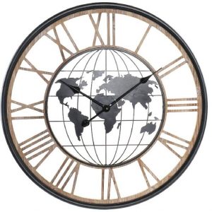 Wall clock wood & metal world map design