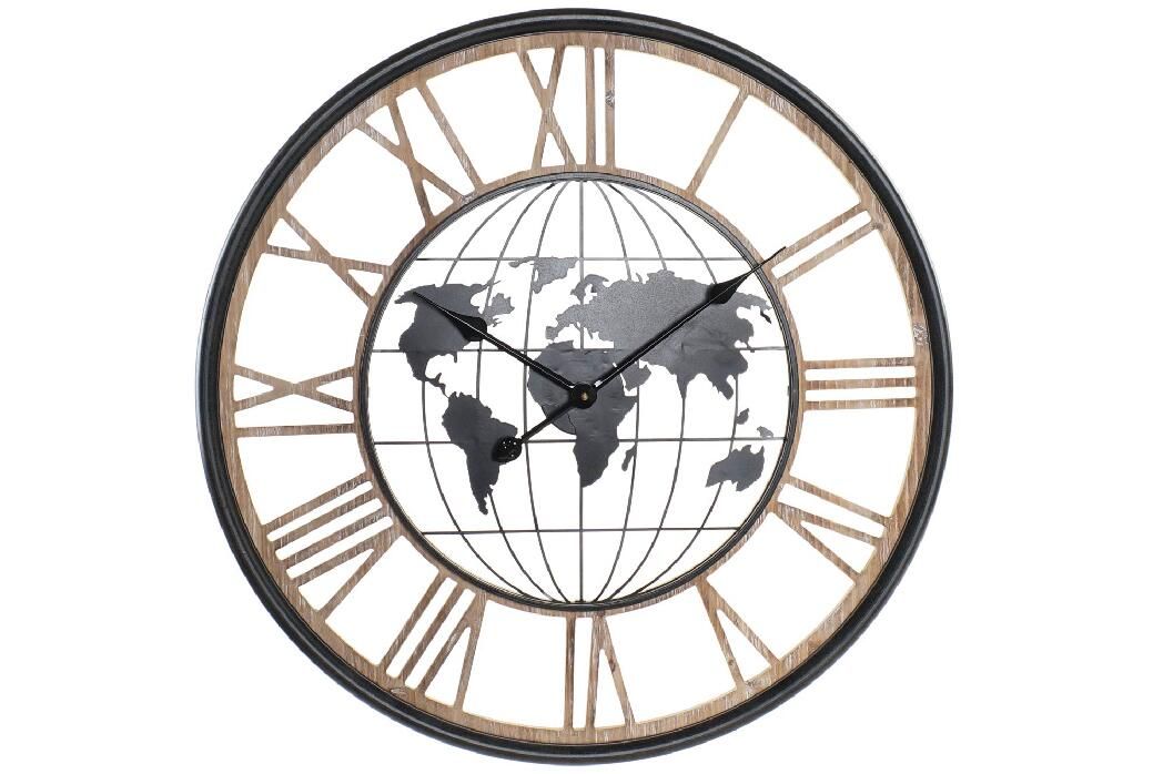 Wall clock wood & metal world map design