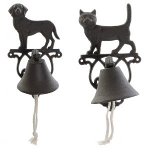 Cat and dog cast iron bells with rope