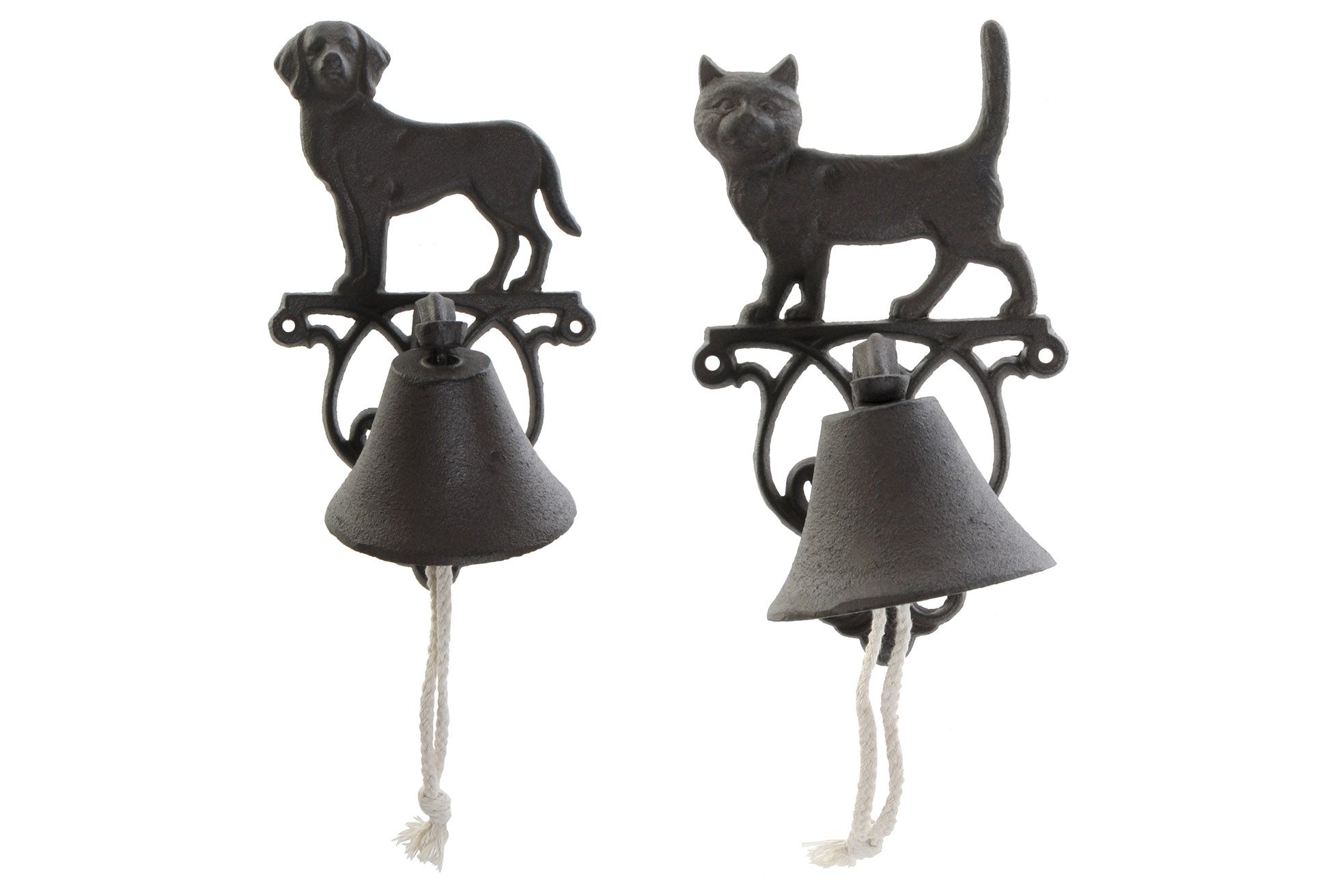 Cat and dog cast iron bells with rope