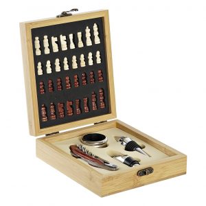 WINE SET 5 Pieces. Wood & INOX 15X17X4,5 CHESS NATURAL
